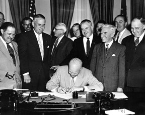 The signing of HR7786, June 1, 1954, this ceremony changed Armistice Day to Veterans Day. Alvin J. King, Wayne Richards, Arthur J. Connell, John T. Nation, Edward Rees, Richard L. Trombla, Howard W. Watts.