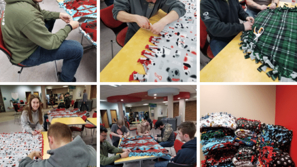 Collage of MPTC students working making blankets