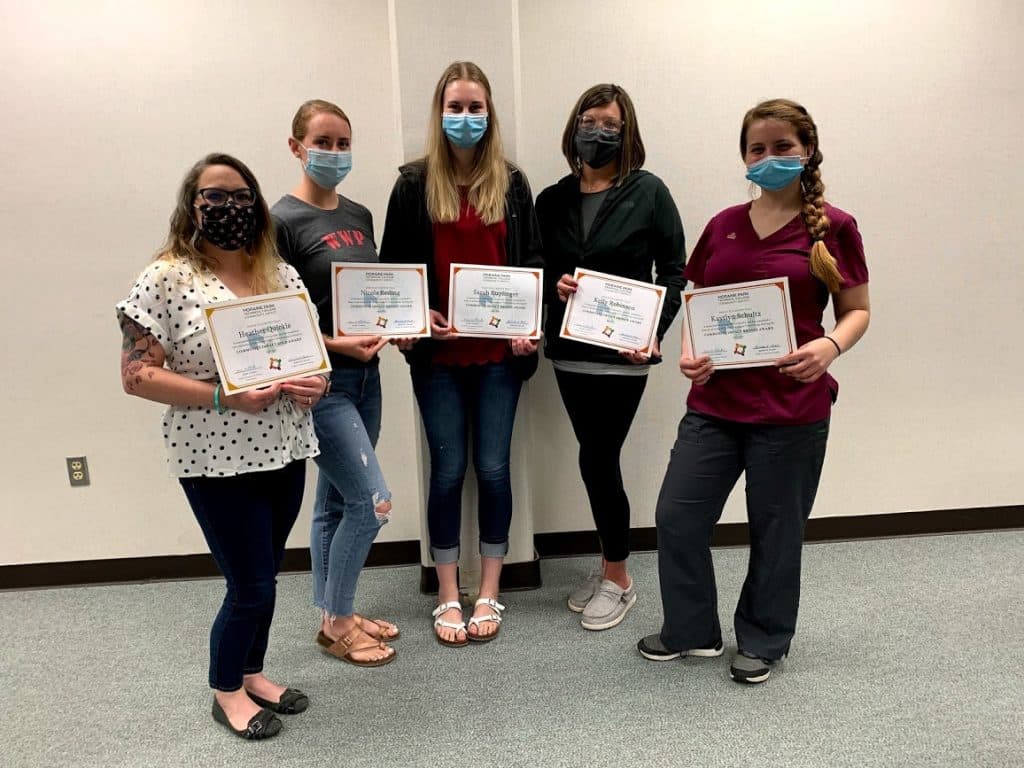 Group photo of Nursing Students Heather Quickle, Nicole Reding, Sarah Ruplinger, Kelly Robinson, and Kaytlyn Schultz.