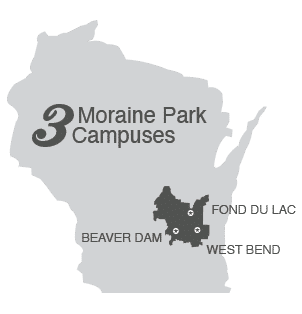 Map of Wisconsin with three Moraine Park Campus locations marked