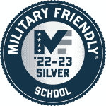 gray and blue military friendly school logo for 2022-2023