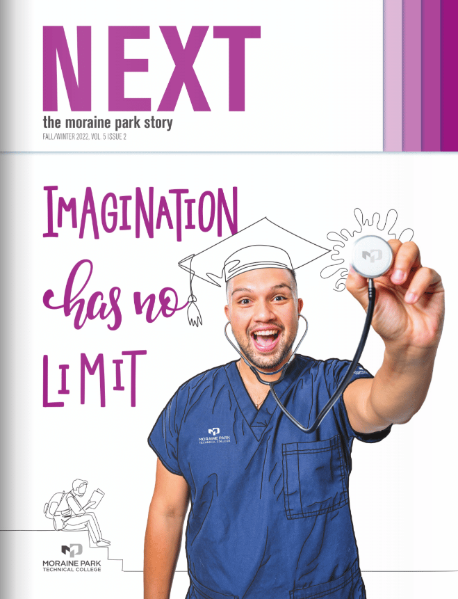Cover of NEXT Magazine. It shows a smiling nursing students with a stethoscope. The text next to the student says "imagination has no limit."