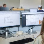 Two PC screens with architectural drawing.