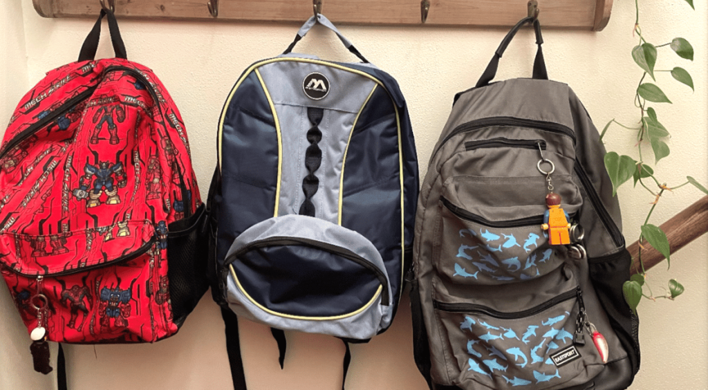 Picture of three rucksacks hanging from a wall.
