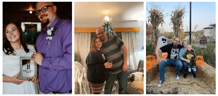 Three images of Mile and April as happy couple.