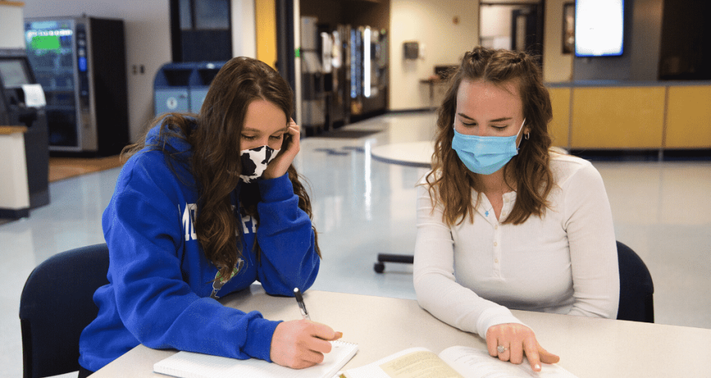 Two students studying at a desk.