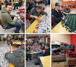Collage of MPTC students working making blankets