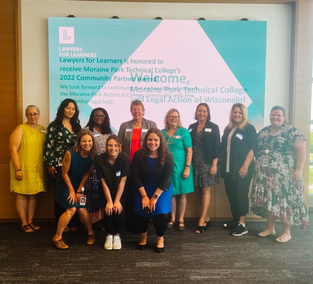 Group photo: MPTC Associate Dean Deb Clarke, Jasmine Loera – Ascendium Paralegal, MPTC Associate Dean Latisha Spence-Brookens, MPTC President Bonnie Baerwald, MPTC Community Impact Coordinator Anne Lemke, MPTC Dean Bobbi Fields, MPTC Equity and Engagement Specialist Jackie Morgan, Katie Chu – Ascendium Legal Project Specialist; Rebecca Rapp – Ascendium General Counsel, Claire Silverstein – Legal Action Paralegal, Megan Sprecher Legal Action Attorney