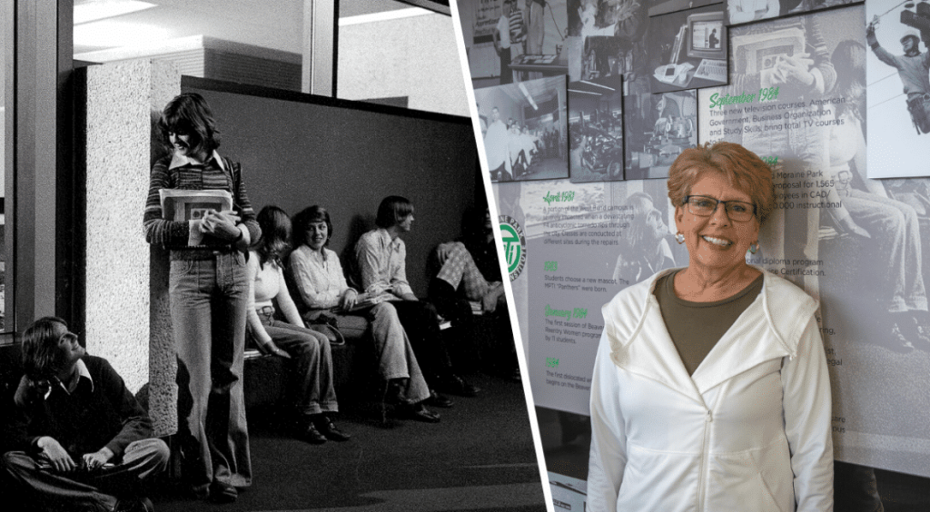 Peggy Vogds standing in front of a wall showing the history of Moraine Park.