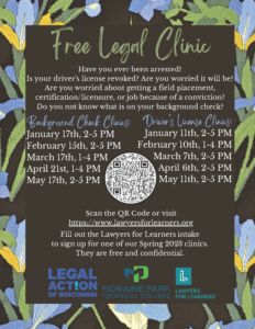Flyer for Lawyers for Learns Free Legal Clinics during the Spring 2023 semester