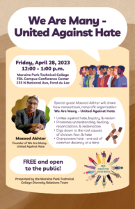 Poster for Guest Speaker Masood Akhtar's presentation about his nonprofit, We Are Many - United Against Hate