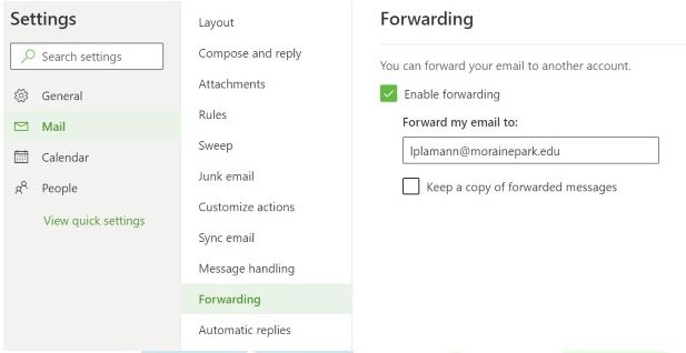 Forwarding option in Outlook Settings