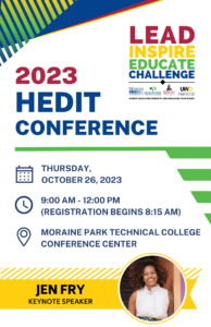 Flyer promoting the 2023 HEDIT Conference on October 26, 2023, with keynote speaker Jen Fry