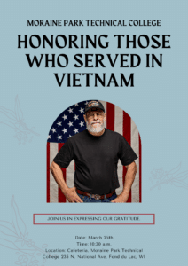 Flyer for event: Honoring those who served in Vietnam. A man wearing a "Vietnam Veteran" cap stands in front of an American flag, with details about the event below.