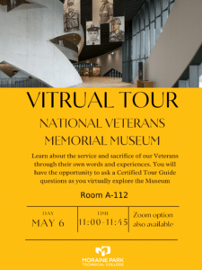 The flyer for the Virtual Tour event shows an interior view of the National Veterans Memorial and Museum, with large photo banners hanging from the ceiling in a Modern-style hallway.