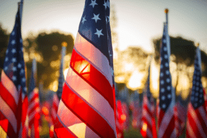 Multiple United States of America flags backlit by the sun.