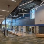 Inside view of Moraine Park's new Advanced Manufacturing Center on the West Bend Campus. The spacey hallways make the structure look futuristic.