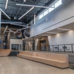 Inside view of Moraine Park's new Advanced Manufacturing Center on the West Bend Campus. This area contains comfortable seating and a modern open-space layout.