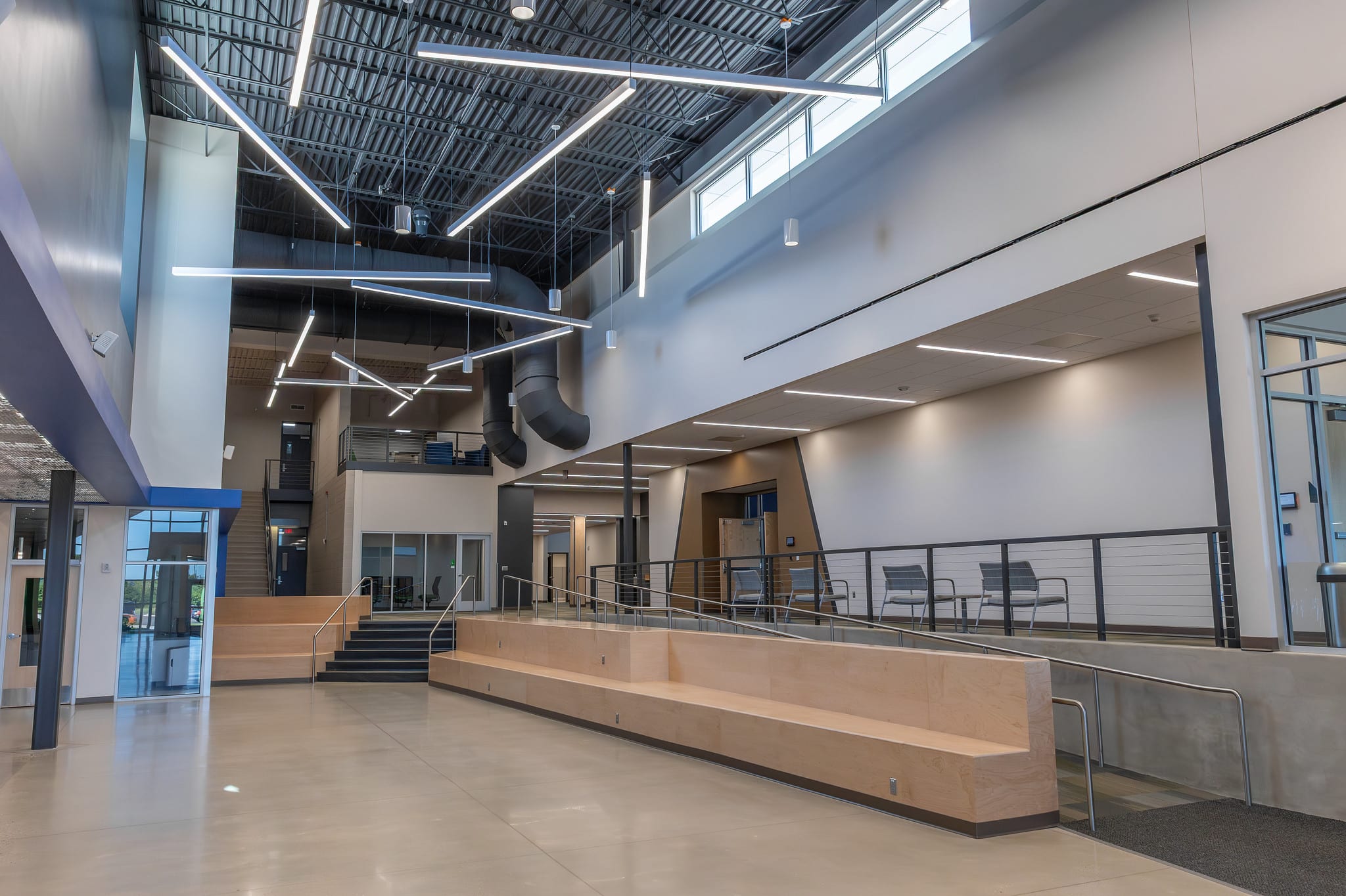 Inside view of Moraine Park's new Advanced Manufacturing Center on the West Bend Campus. This area contains comfortable seating and a modern open-space layout.