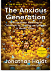 Cover of the book The Anxious Generation. Shows a person in a ball pit looking at a mobile phone.