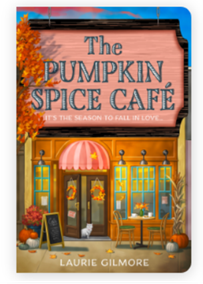 The cover of the book The Pumpkin Spice Cafe. Shows the colorful exterior of a small cafe with Halloween decorations.