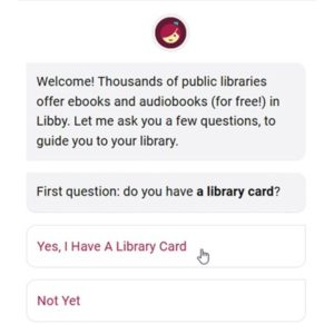 Screenshot of the welcome screen of the app. It asks to select if you already have a library card or not.