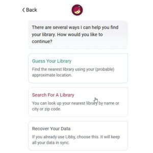 Screenshot of app interface showing where you can search for a library.