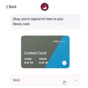 Screenshot of the Libby App showing your "Linked Card" and a "Next" button.