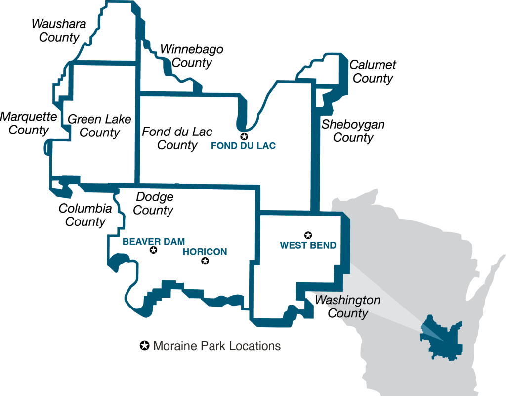 Map of the Moraine Park Technical College district. It is roughly located between the cities of Beaver Dam, Oshkosh, and Milwaukee. It include the Wisconsin counties of Washington, Green Lake, Dodge, and Fond du Lac. The main campuses are located in Beaver Dam, Fond du Lac, and West Bend. A regional center is located in the city of Horicon.
