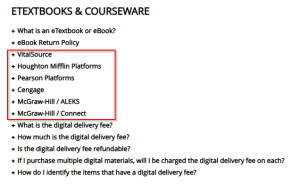 Screenshot of the eCampus Dashboard with a red box around the companies who produced learning materials and how to log into their product.