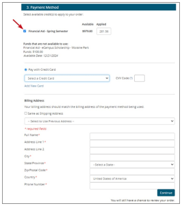 Screenshot in Shop for Schedule with a red arrow pointing to the Financial Aid button under Payment Method.