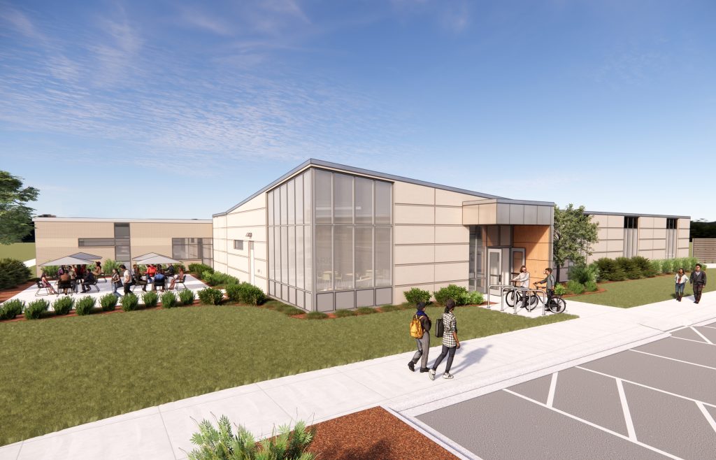 An exterior rendering of Moraine Park's new Health and Human Services Wing on the Fond du Lac Campus.