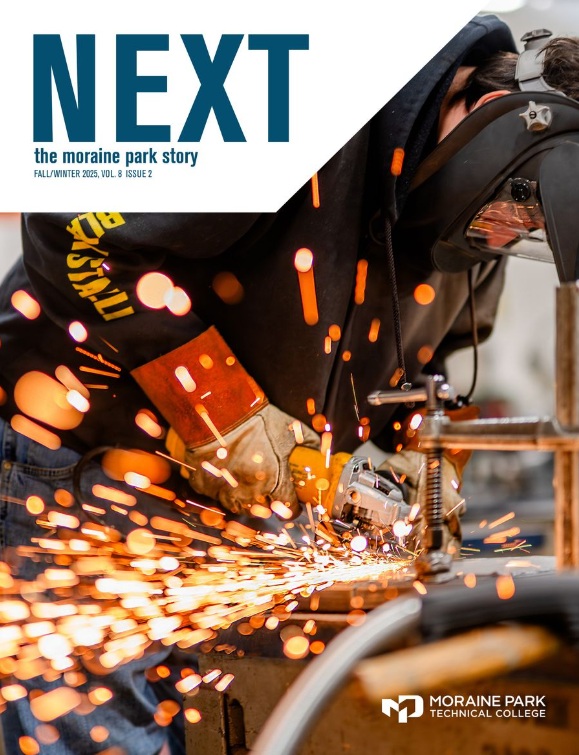 Cover of the Fall/Winter 2025 edition of Moraine Park's NEXT Magazine featuring a welding student.
