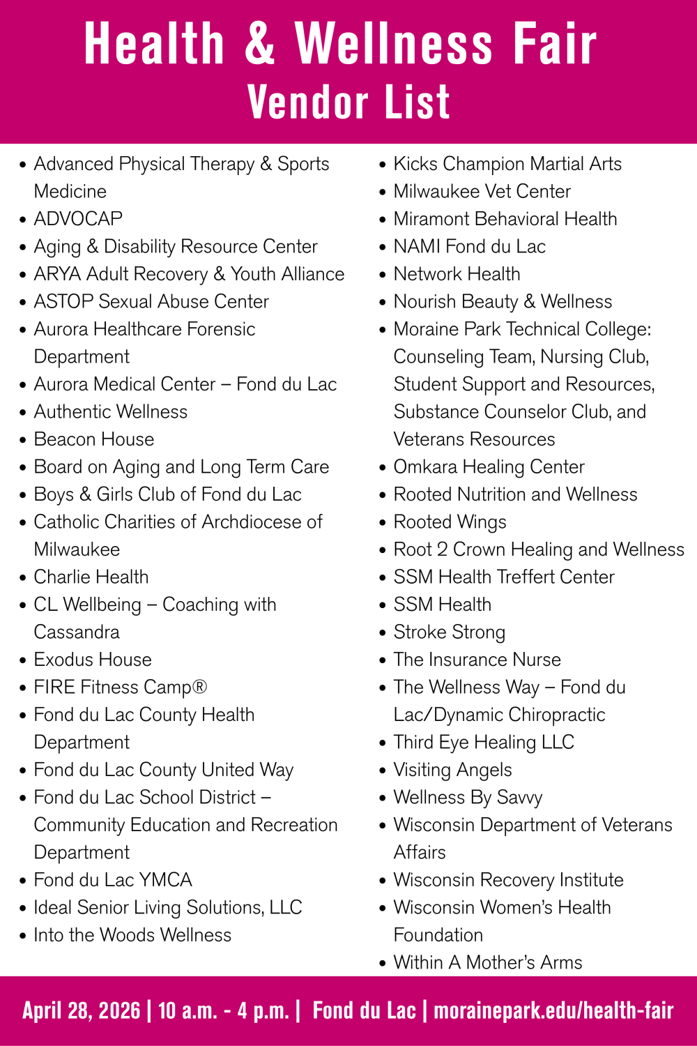 Health & Wellness Fair list of vendors.
