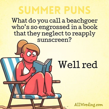 Drawing of a very sunburned person reading a book in a beach chair