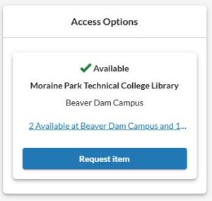 Screenshot of the library catalog "Access Options"