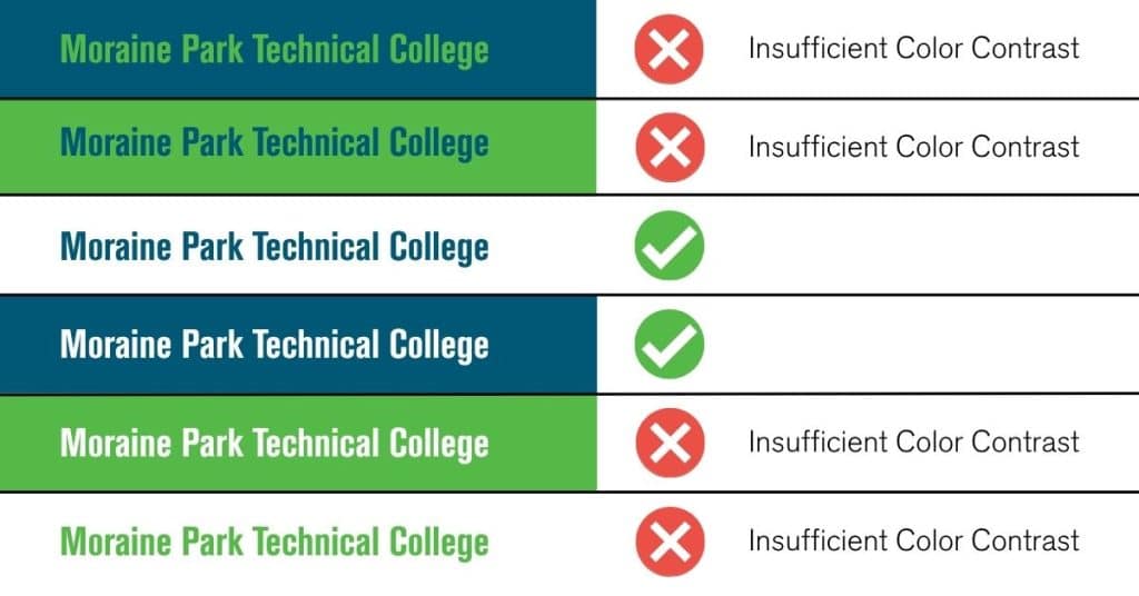 Examples of insufficient color contrast examples: blue and green combined and white and green combined have insufficient color contrasts.