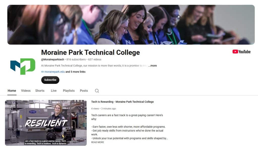 Screenshot of Moraine Park's YouTube account.