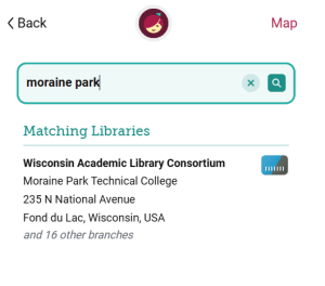 Screenshot of Libbyapp.com with cursor on Wisconsin Academic Library Consortium
