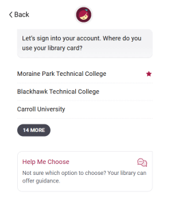 Screenshot of Libbyapp.com with cursor on "Moraine Park Technical College"