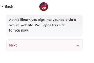 Screenshot of Libbyapp.com with cursor on "Next"