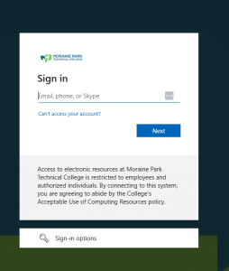 Screenshot of the Moraine Park Technical College sign-in page