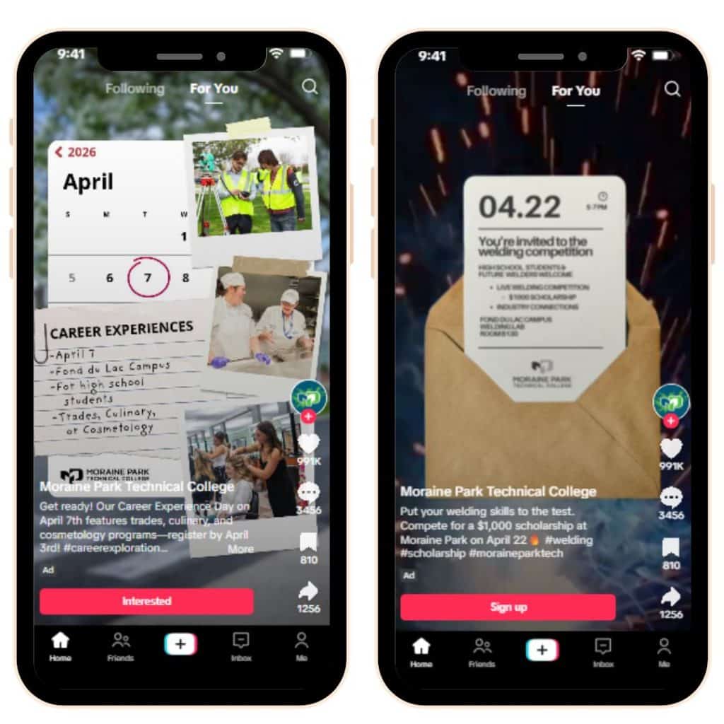 Two TikTok posts promoting events and scholarships.