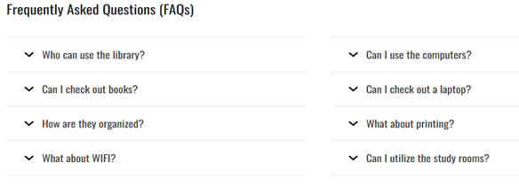 Screenshot of the new library FAQ webpage
