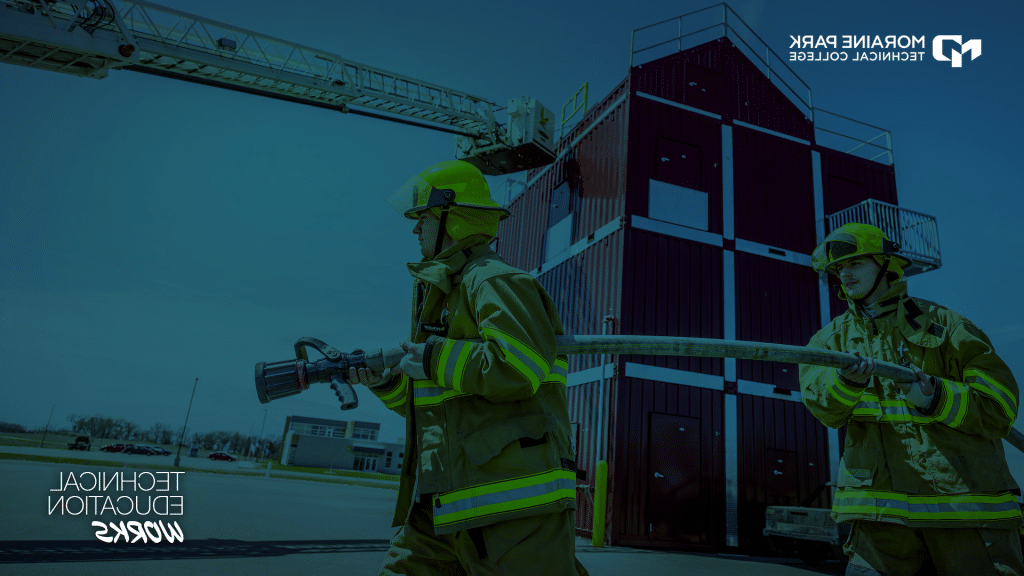 MPTC branded Teams Background showing fire protection tech students in full gear and stating "Tech Ed Works."
