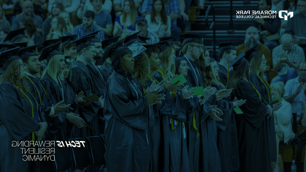 MPTC branded Teams Background with students at commencement in the background stating "Tech is Rewarding, Resilient and Dynamic."