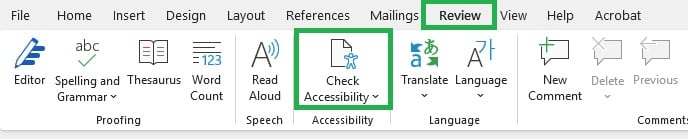 Screenshot of MS Word's Quick Access Toolbar showing where to find the Accessibility Checker.