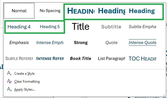 Screenshot showing the different preformatted headings in Moraine Park's MS Word document template.