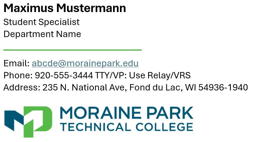 Example of how the Moraine Park Technical College signature line could look like.