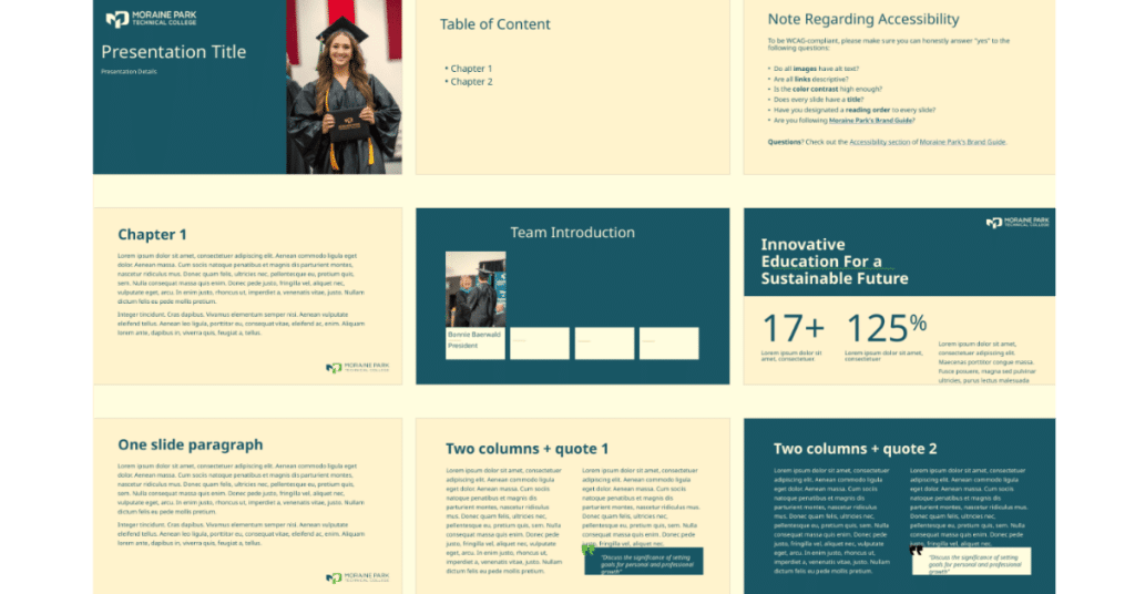 Preview of nine PowerPoint slides with different designs.